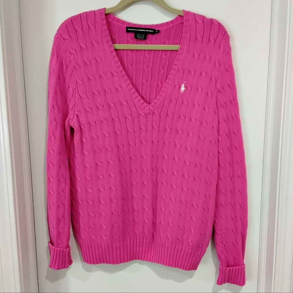 Ralph Lauren Bright Pink Cable Knit V-Neck Sweater